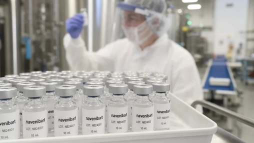 Close-up of navenibart vials in a cleanroom tray with a lab worker in full protective equipment visible behind