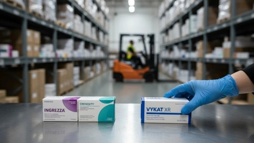 Gloved worker handles boxed pharmaceutical products in a warehouse with stocked shelving