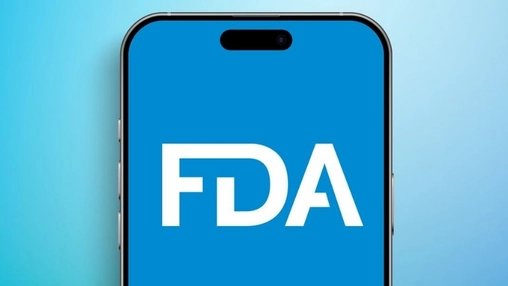 Close-up of a smartphone with the FDA logo in white on a vivid blue screen against a blue gradient background